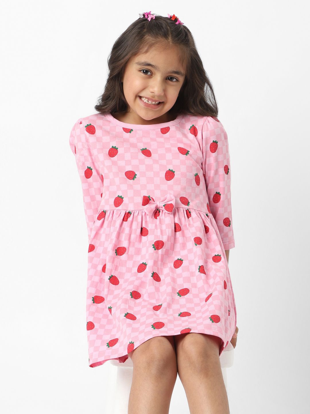 Nauti Nati Girls Pink Jersey Cotton Strawberry Print Dress