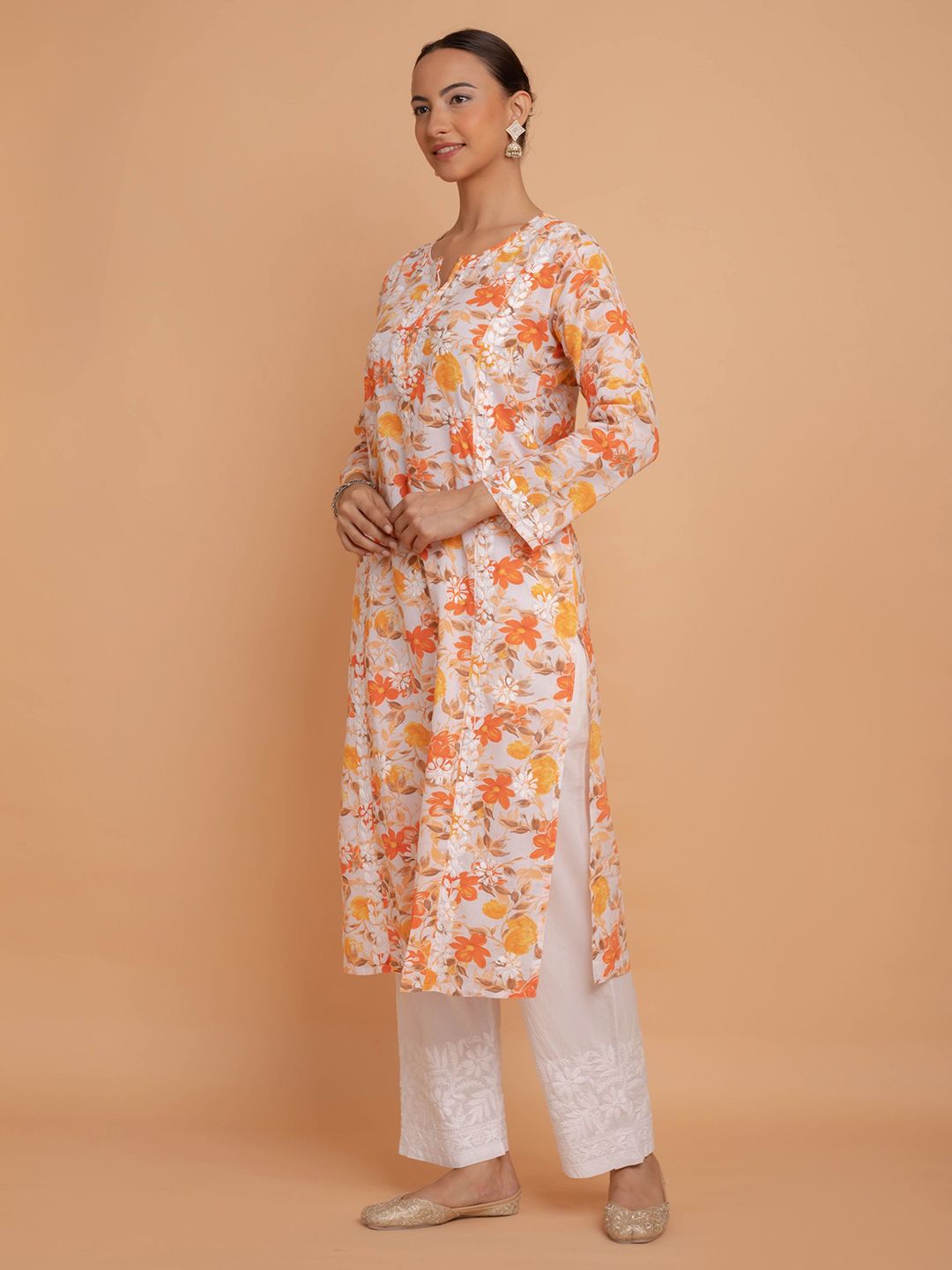HOUSE OF KARI Floral Printed Chikankari Cotton Kurta