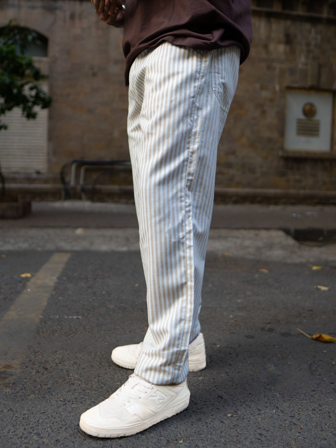 Powerlook Men Beige Stripe Linen Pant