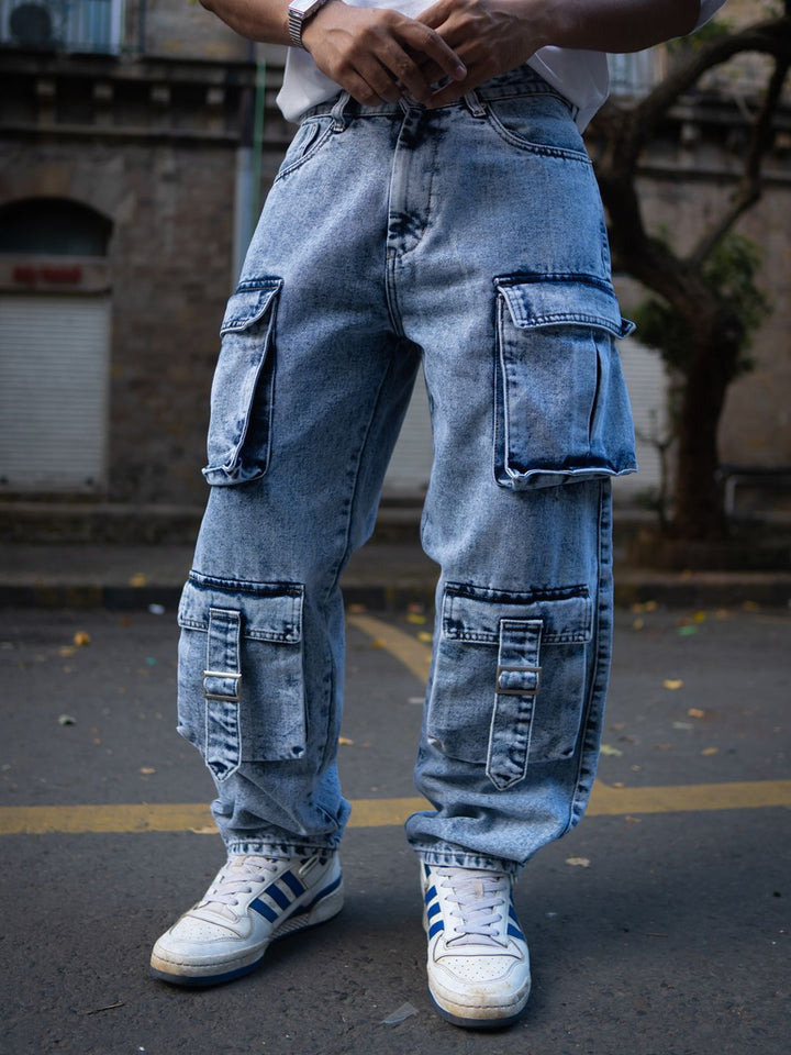 Powerlook Men Relaxed Fit Baggy Fit Denim Cargo Jeans