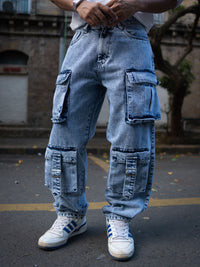 Powerlook Men Relaxed Fit Baggy Fit Denim Cargo Jeans