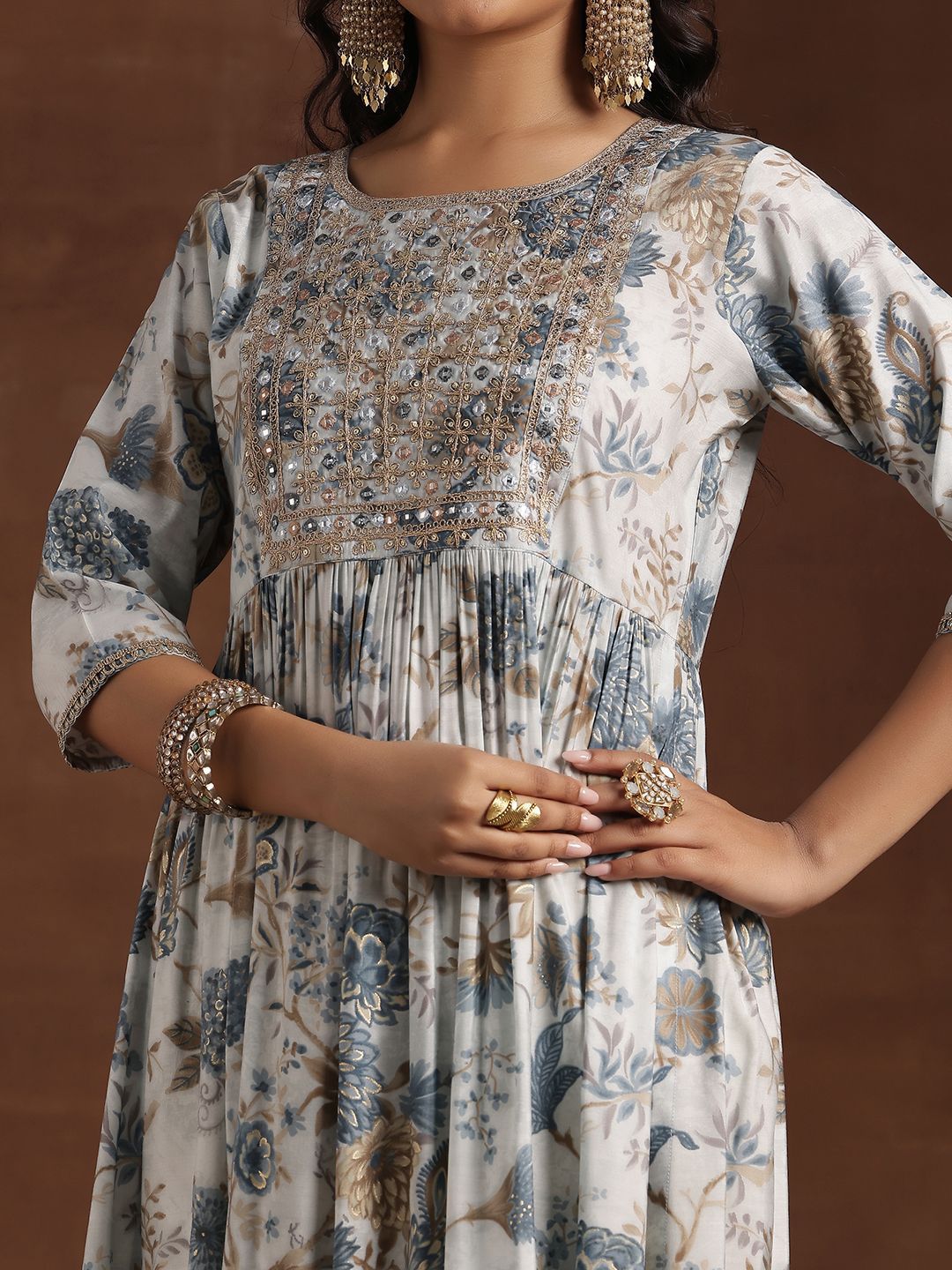 Libas Floral Printed Mirror Work High Slit Straight Kurta