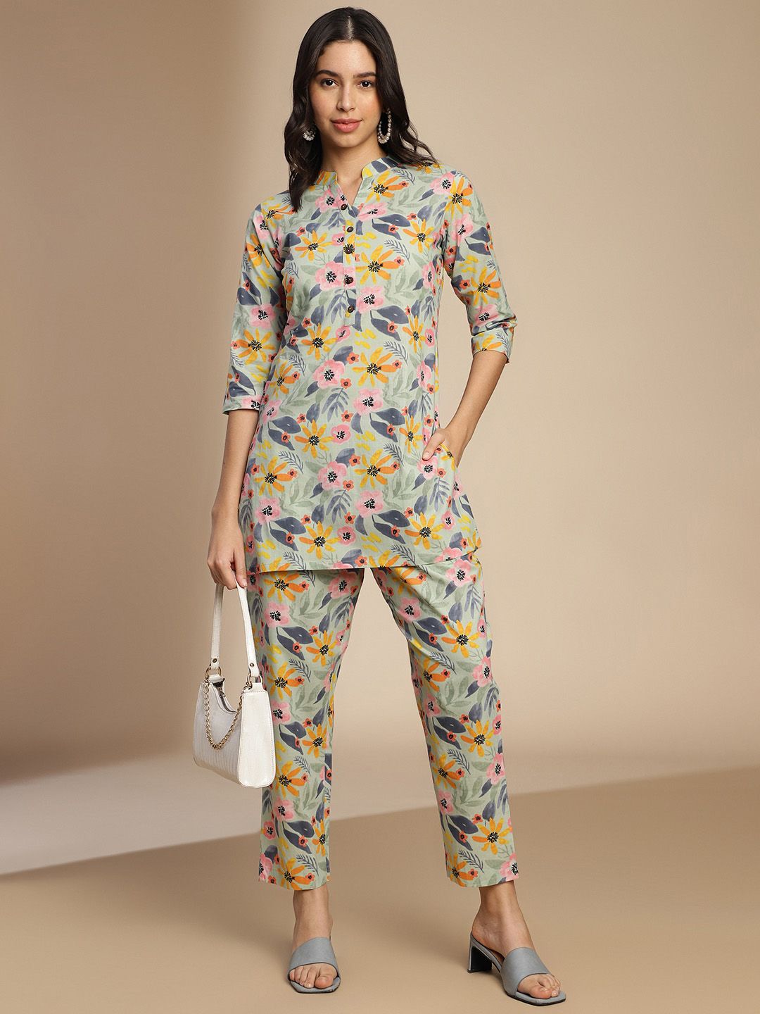 KALINI Floral Printed Pure Cotton Top With Trousers Co-Ords
