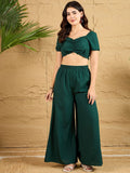 Berrylush Green V-Neck Crop Top With Palazzo