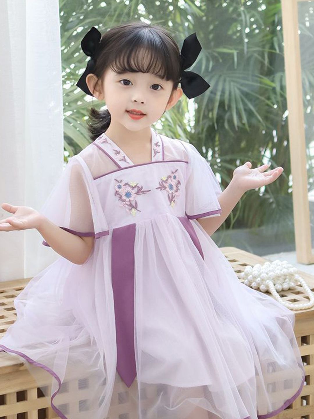 YK Girls Floral Print V-Neck Fit & Flare Dress