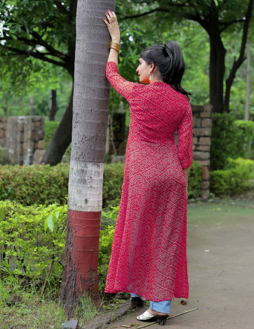 KALINI Bandhani Printed Mandarin Collar Sequins Front Slit Georgette A-Line Kurta