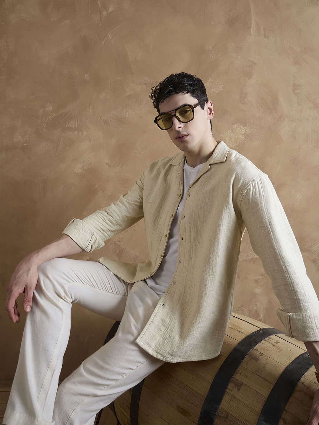 DENNISON Beige Double Gauge Self Design Shirt