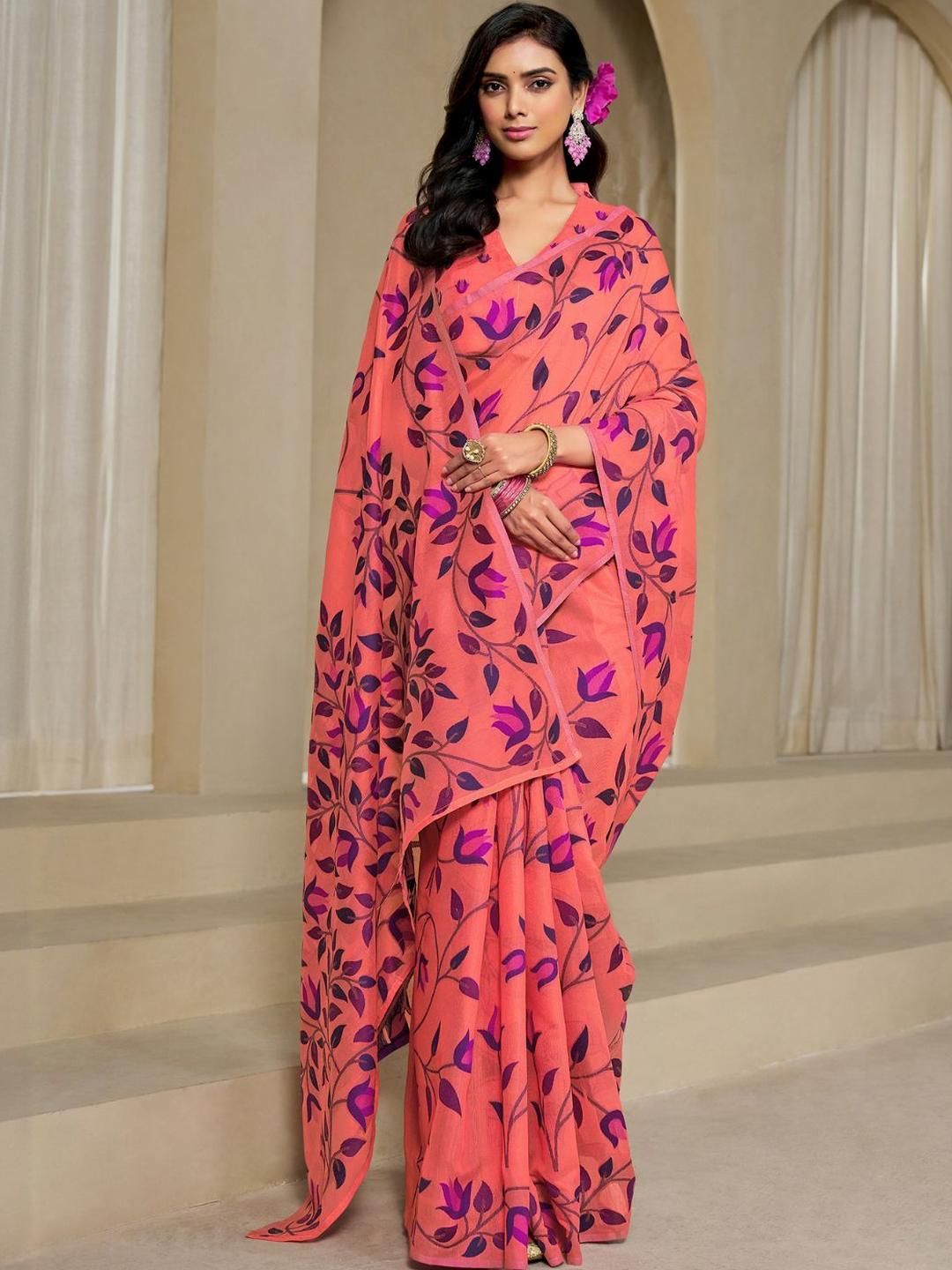 KALINI Orange Pure Cotton Woven Design Sarees