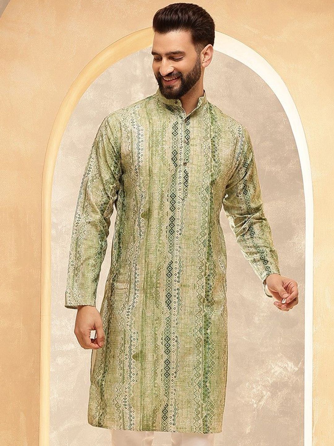 SOJANYA Ethnic Motifs Printed Band Collar Cotton Silk Straight Kurta