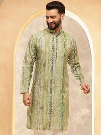 SOJANYA Ethnic Motifs Printed Band Collar Cotton Silk Straight Kurta