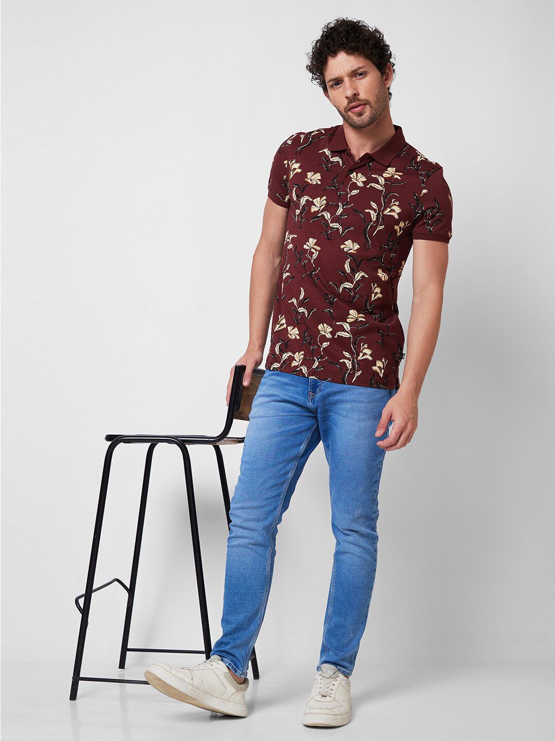 SPYKAR Polo Collar Short Sleeves Floral Printed Cotton Slim Fit T-shirt