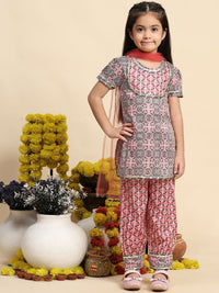 Cutiekins Girls Ethnic Motifs Printed Puffed Sleeves Straight Kurta with Salwar & Dupatta