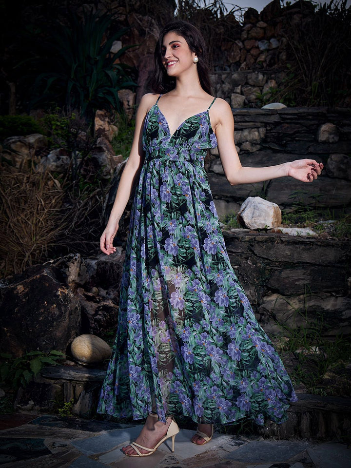 Berrylush Tropical Print Georgette Fit & Flare Maxi Dress