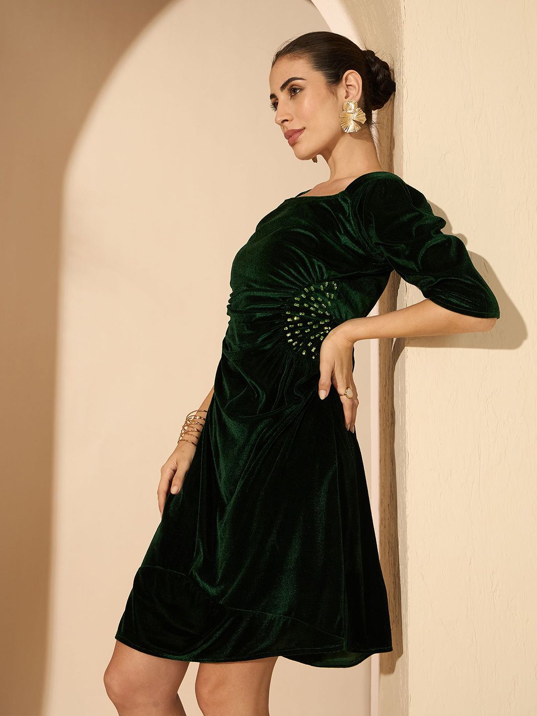 Antheaa Women Velvet embellished on the waist A-Line Dress