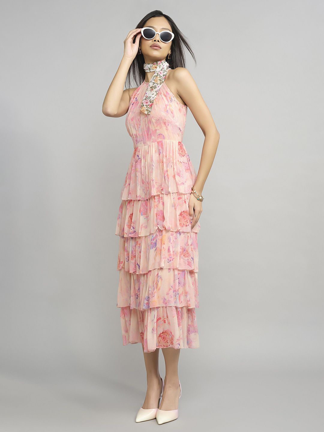 AND Floral Printed Halter Neck Layered Fit & Flare Midi Dress