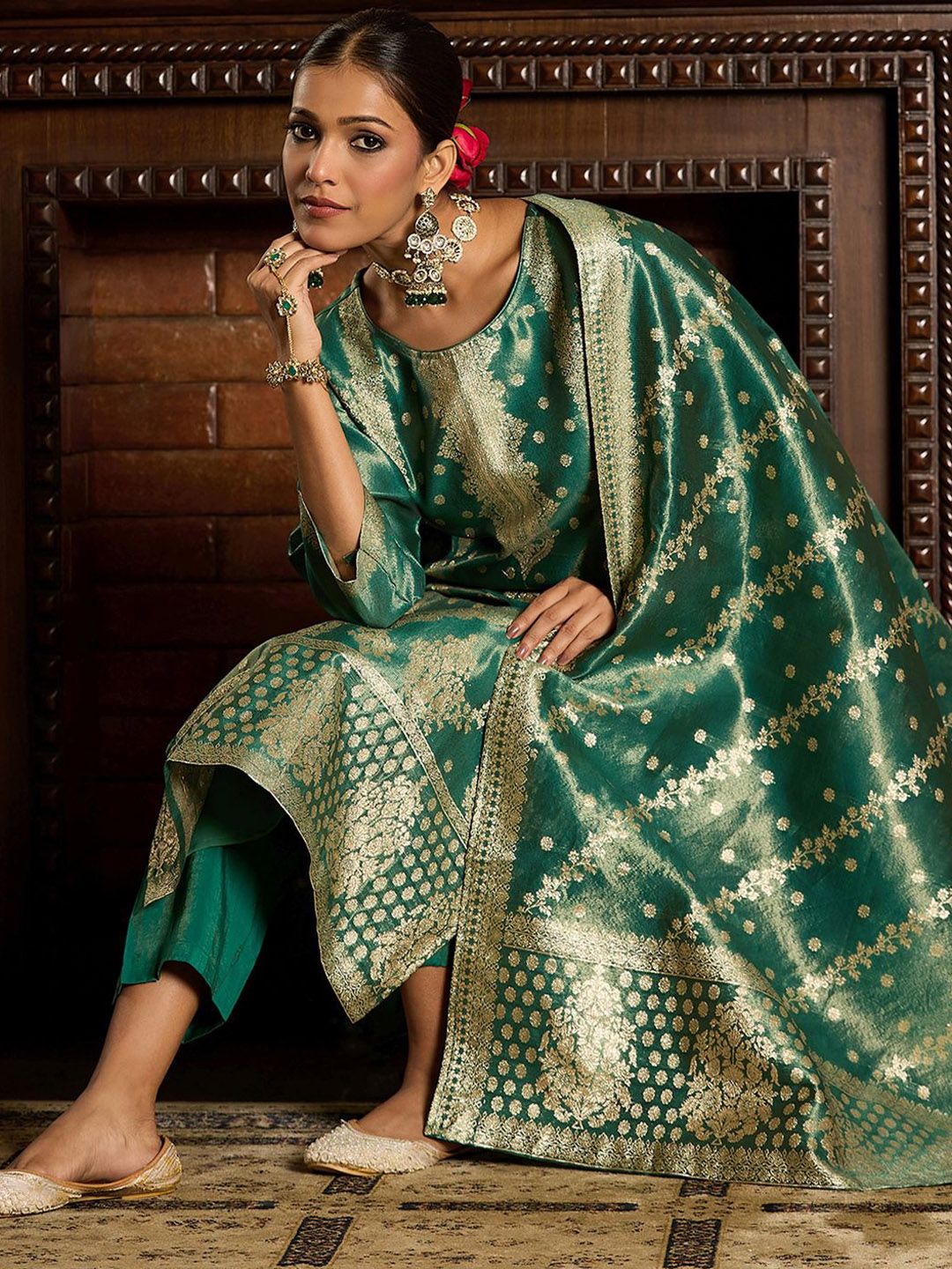 Indo Era Ethnic Motifs Woven Design Zari Straight Kurta With Trousers & Dupatta