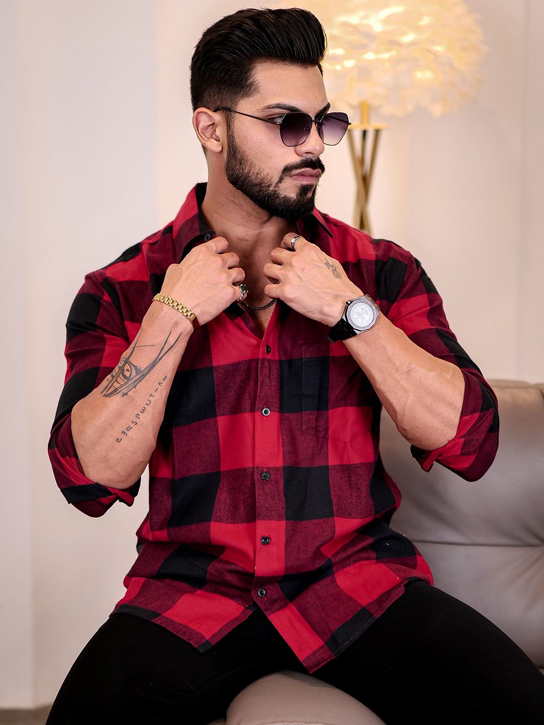 Eszett Men Buffalo Checked Spread Collar Casual Shirt