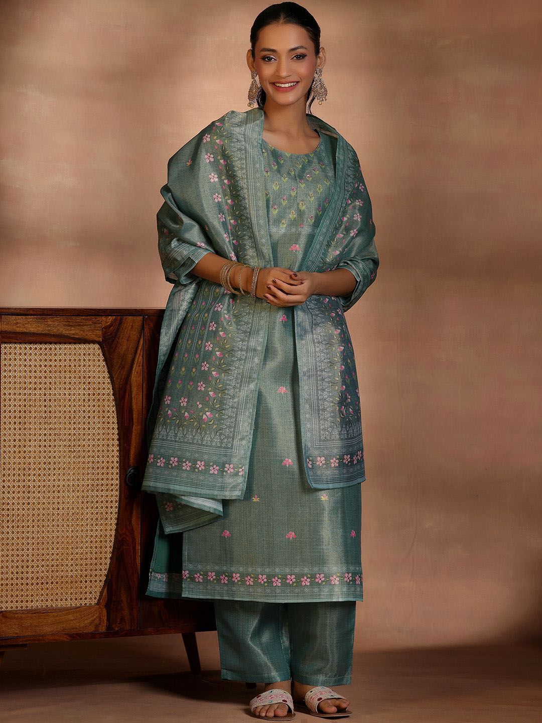 Libas Floral Printed Round Neck Straight Kurta with Trousers & Dupatta