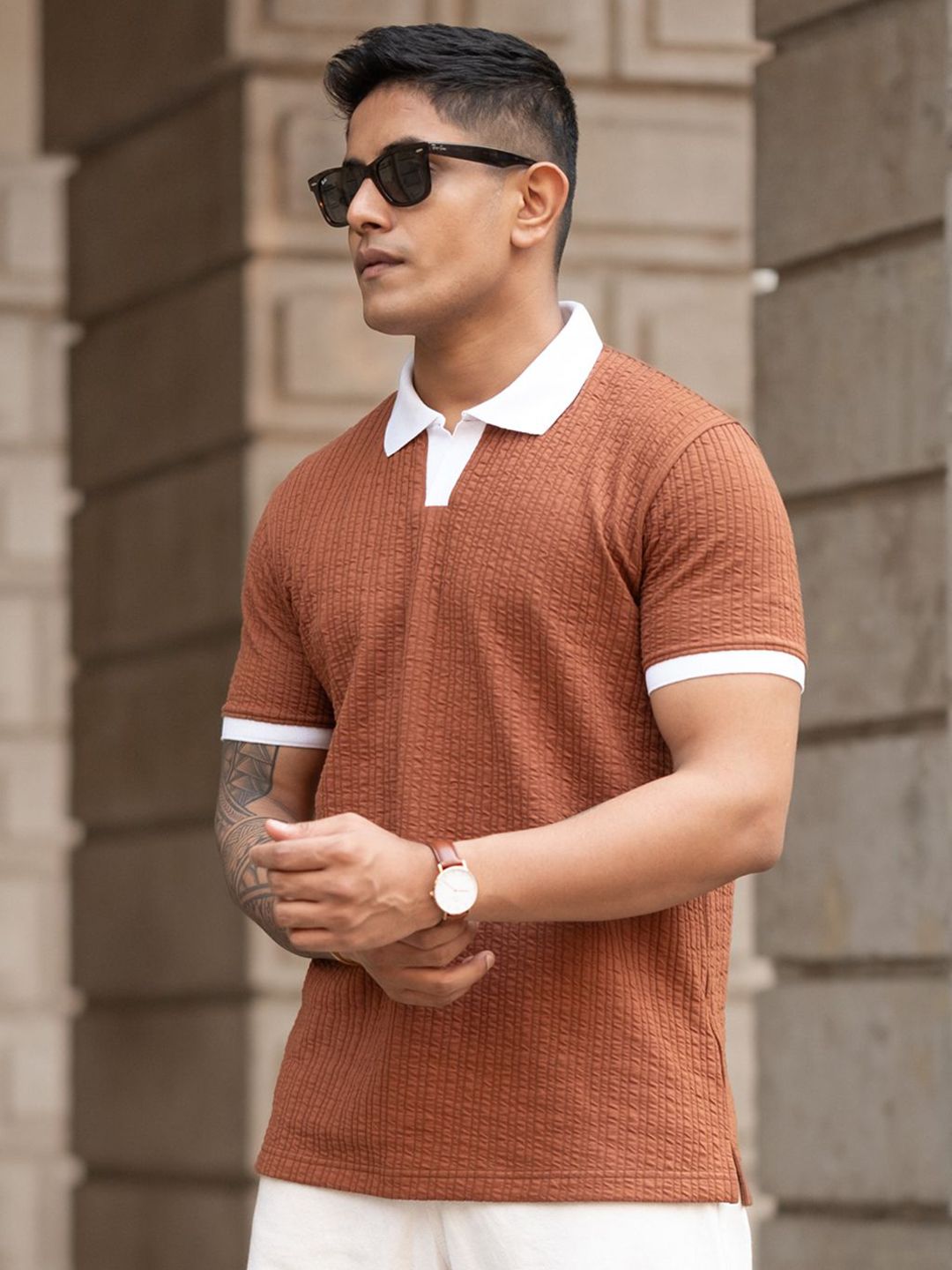 Powerlook Men Self Design Polo Collar Cotton T-shirt