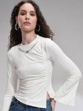 Tokyo Talkies Women Ribbed Mock Neck Bell Sleeve Fitted Top