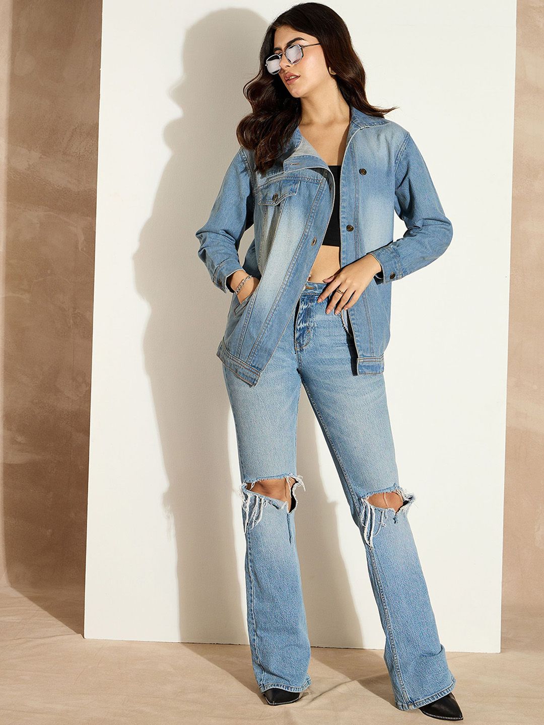 SASSAFRAS Women Washed Longline Denim Jacket