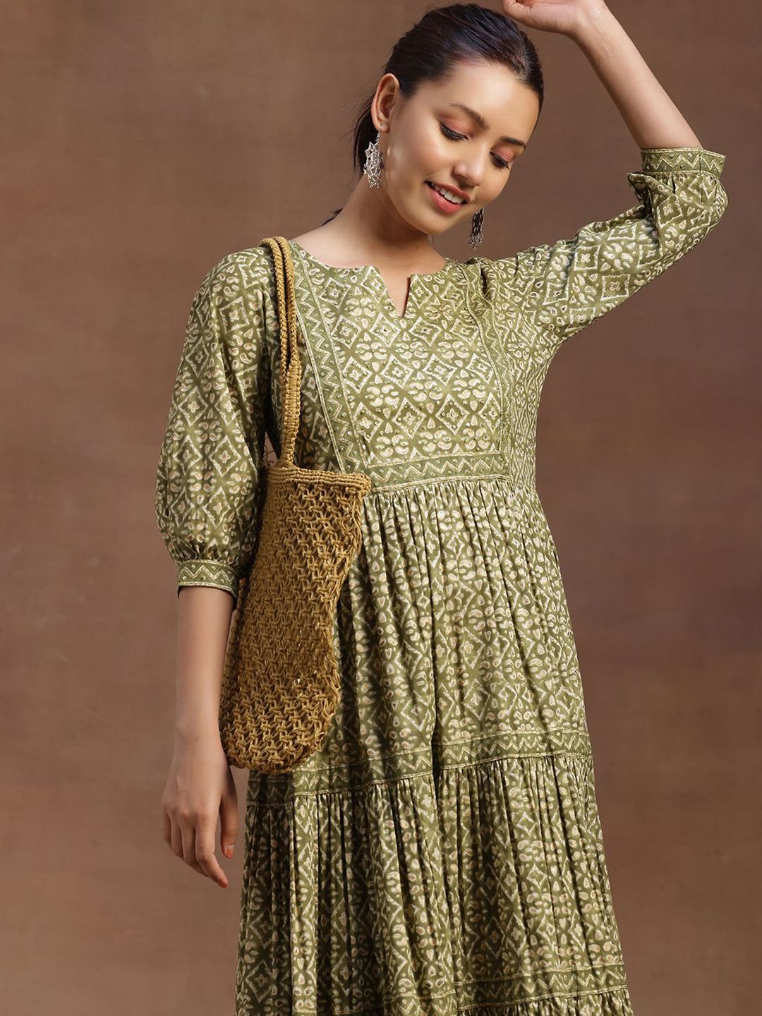 Libas Women Ethnic Motifs Print Puff Sleeve Layered A-Line Midi Dress