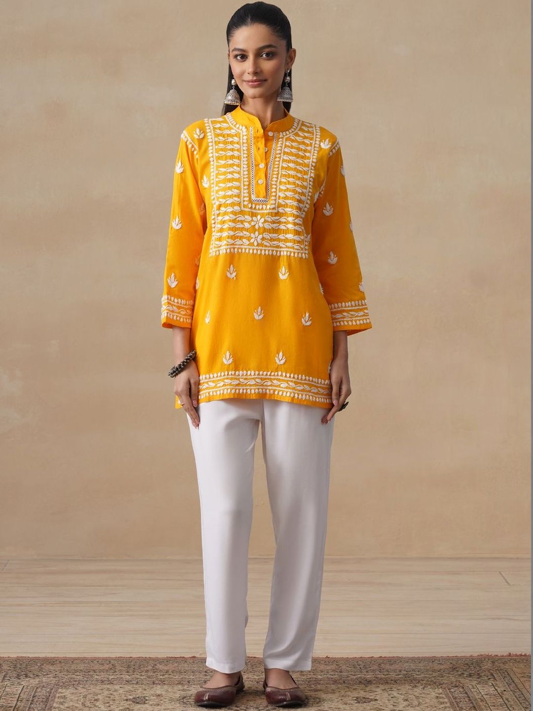 House of Chikankari Women Solid Mustard Embroidered Kurti
