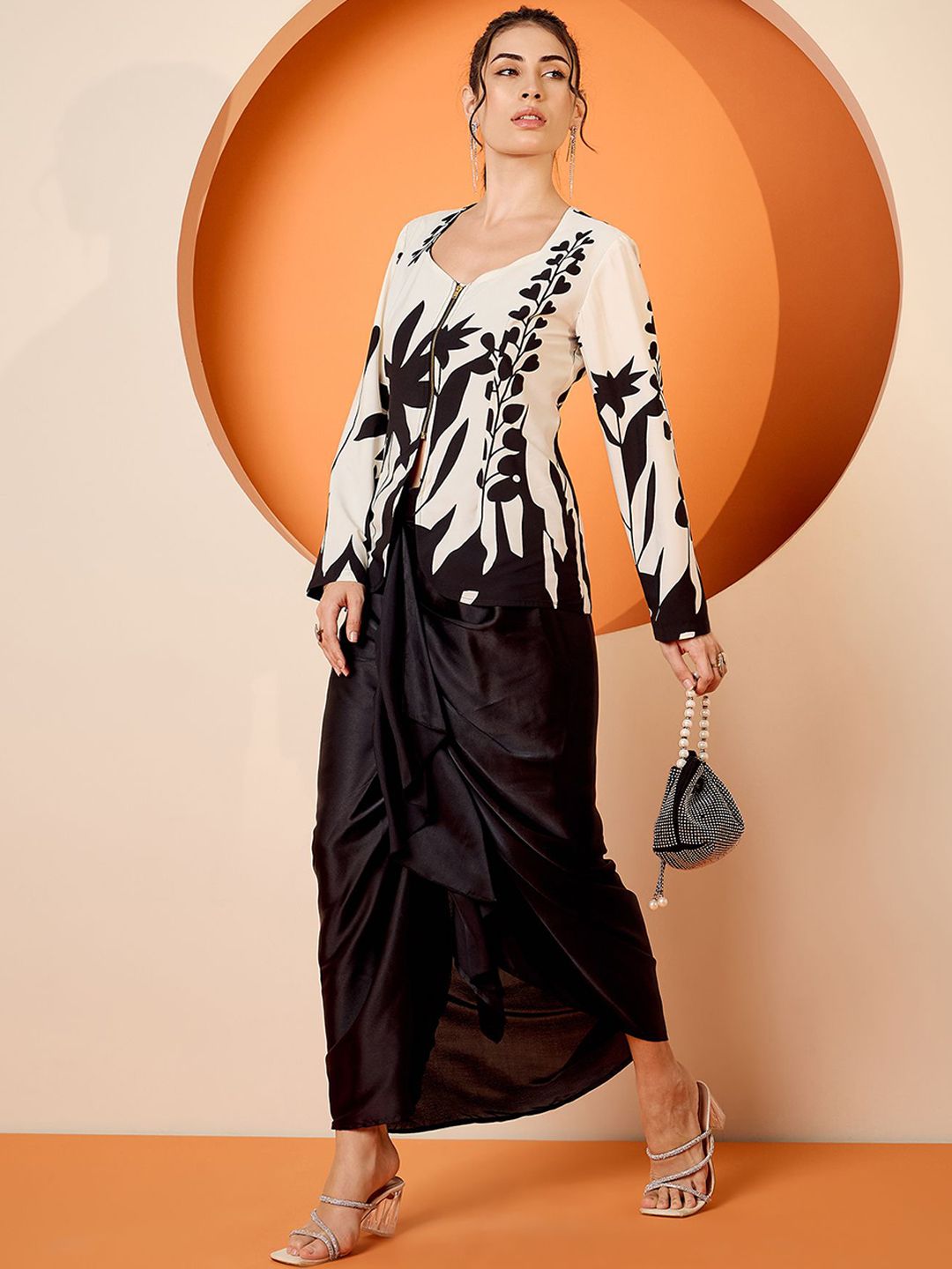 Antheaa Black Floral Square Neck Printed Top & Skirt