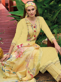Indo Era Yellow Floral Embroidered Thread Work Pure Cotton Kurta with Trouser &  Dupatta