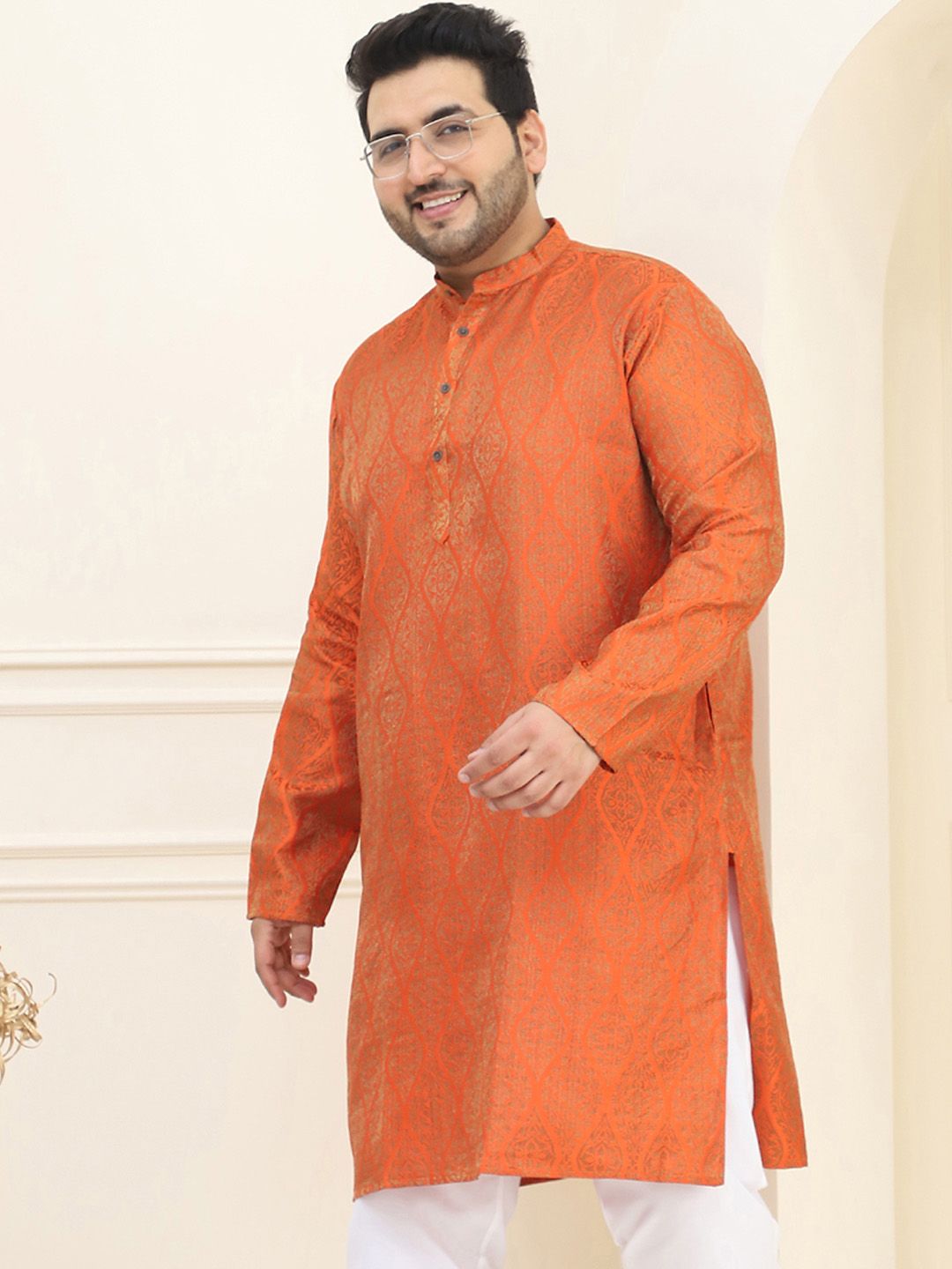 SOJANYA Plus Ethnic Motifs Woven Design Mandarin Collar Long Sleeves Straight Kurta