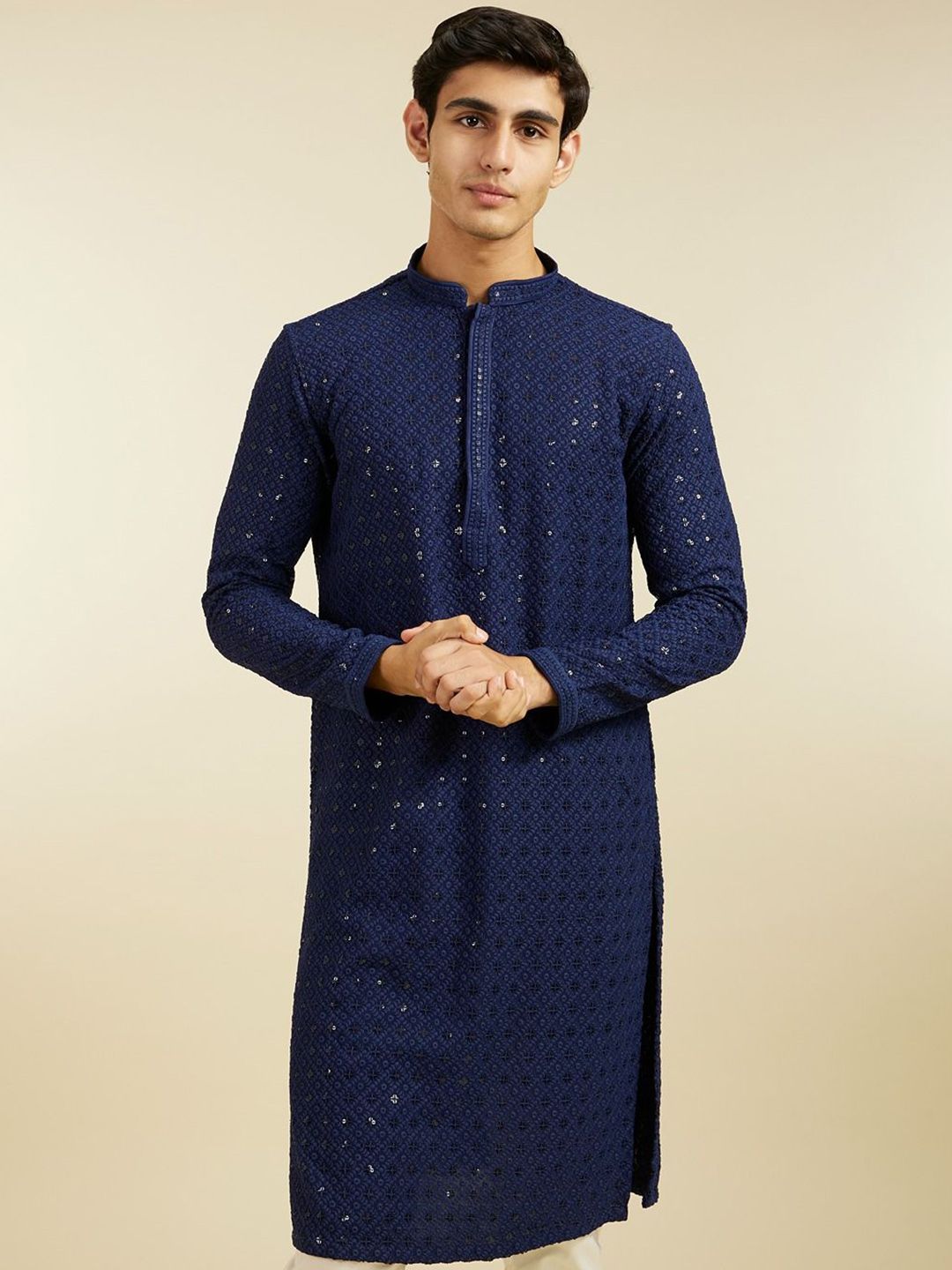Diwas by Manyavar Geometric Chikankari Embroidered & Sequinned Mandarin Collar Kurta