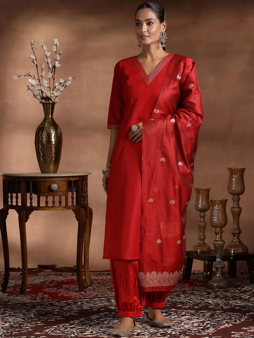 Libas Zari V-Neck Straight Kurta With Salwar & Dupatta