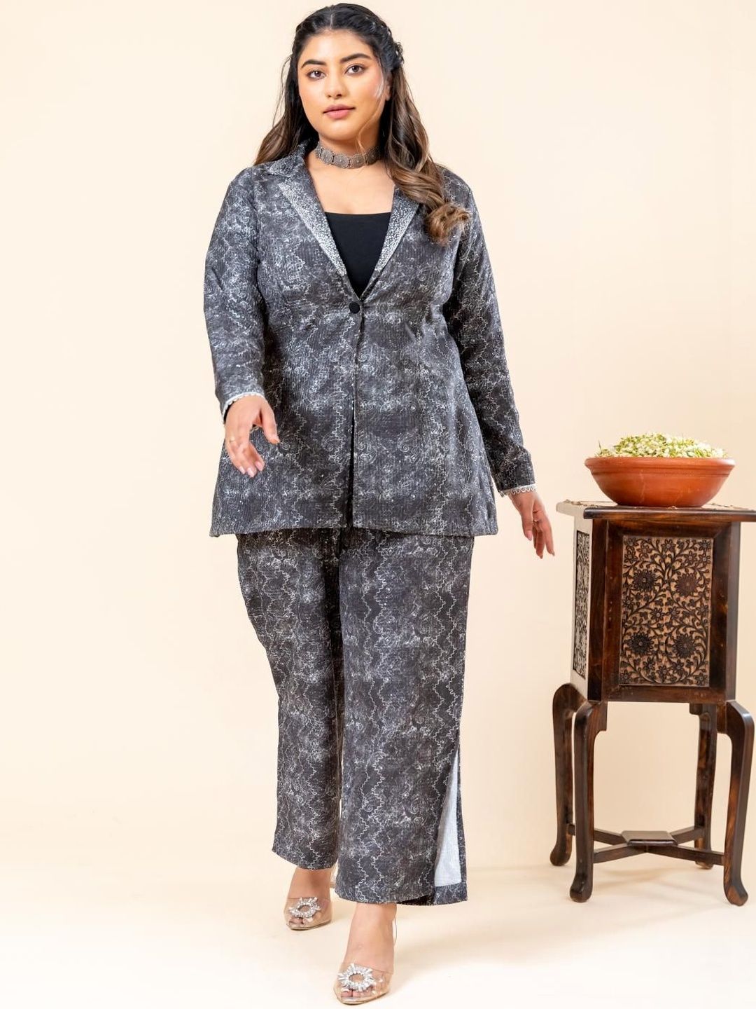 Mamicha Printed Notched Lapel Collar Coat & Trousers Co-Ords Set