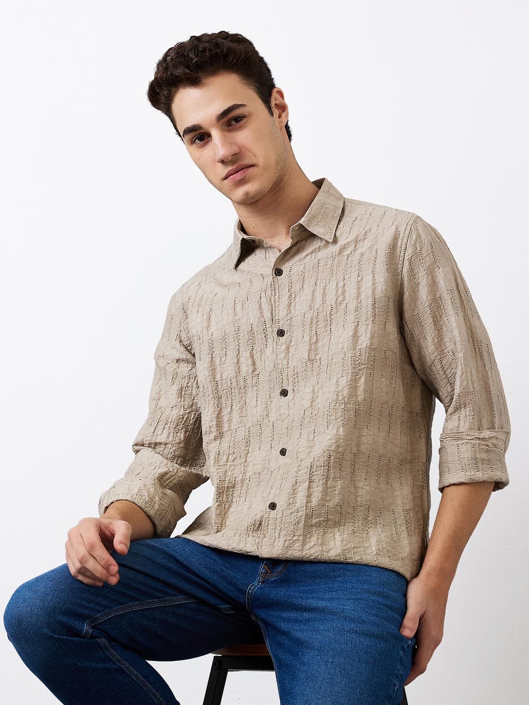 SPYKAR Men Spread Collar Textured Cotton Casual Shirt