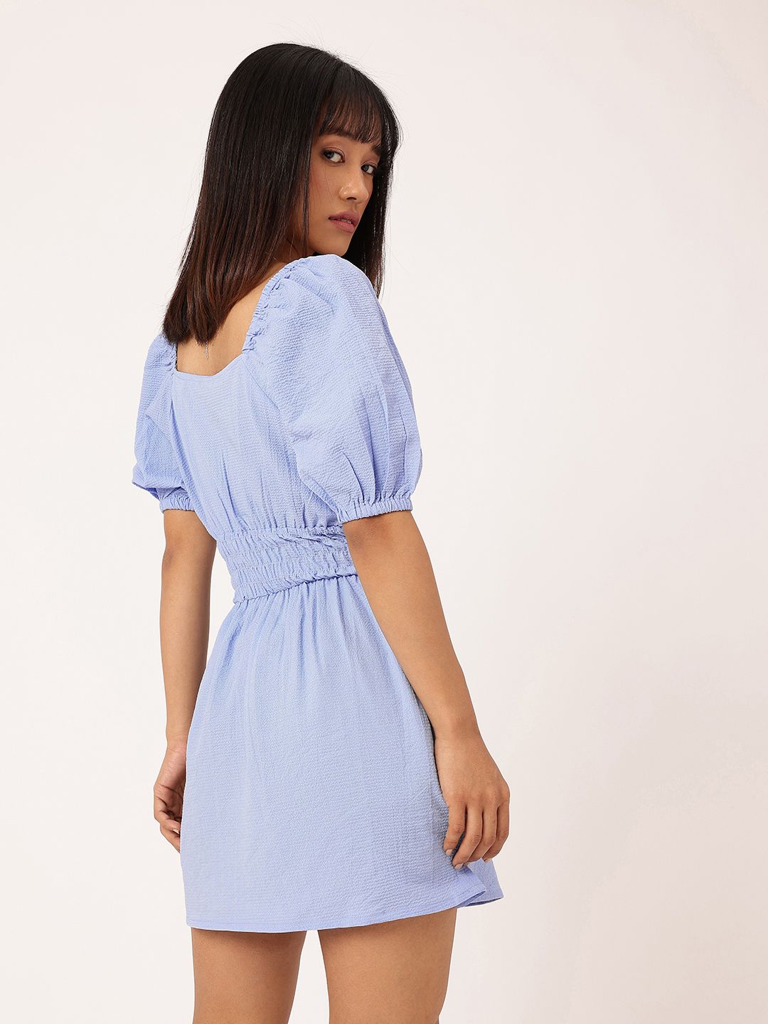 DressBerry Elegant Chic Cinched Waist Seersucker A-Line Mini Dress