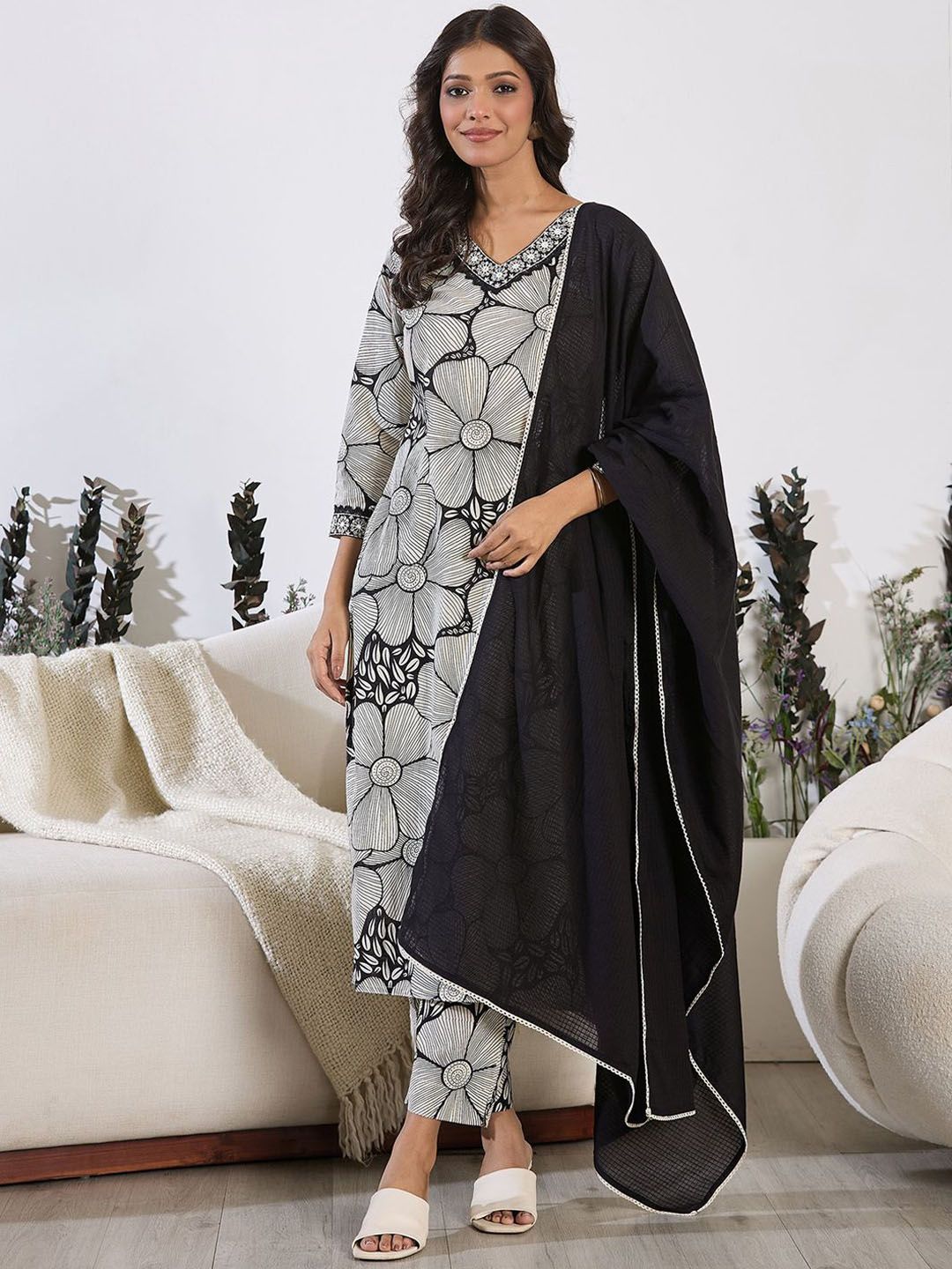 Indo Era Floral Printed Sequinned Pure Cotton Straight Kurta with Trouser & Dupatta