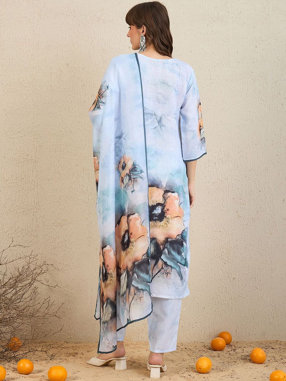 Indo Era Floral Printed Beads And Stones Straight Kurta With Trousers & Dupatta