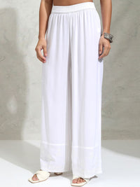 Vishudh White Floral Embroidered Thread Work Straight Kurta With Palazzos