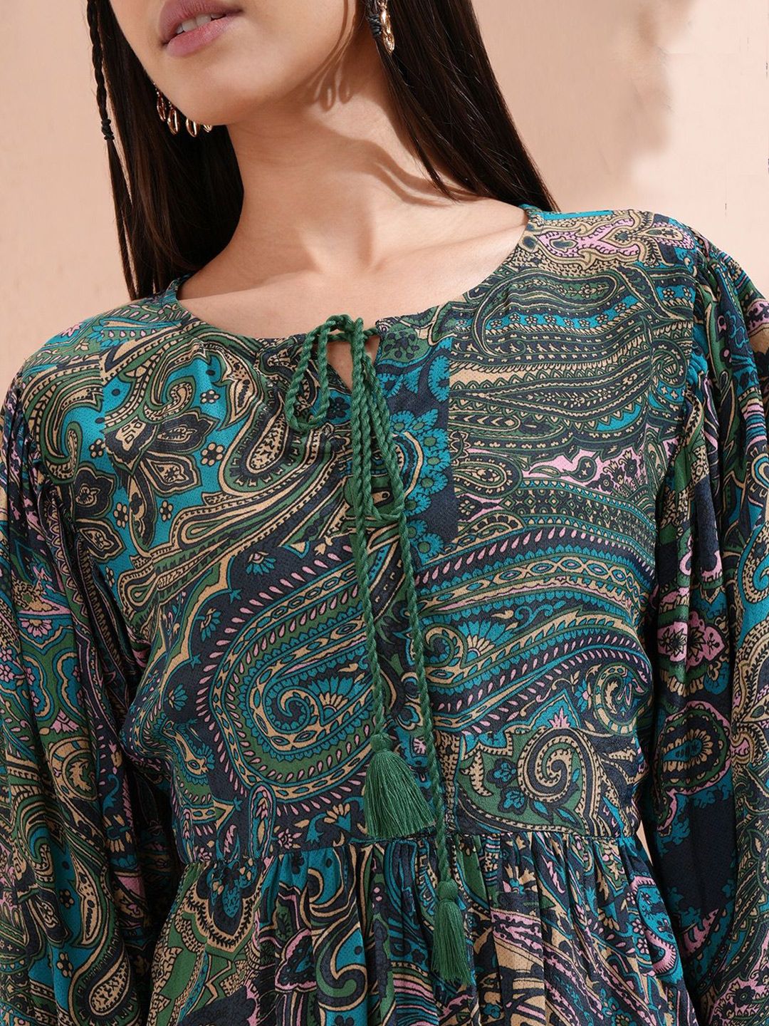 Vishudh Ethnic Motifs Printed Tie-Ups Detail Fit & Flare Dress