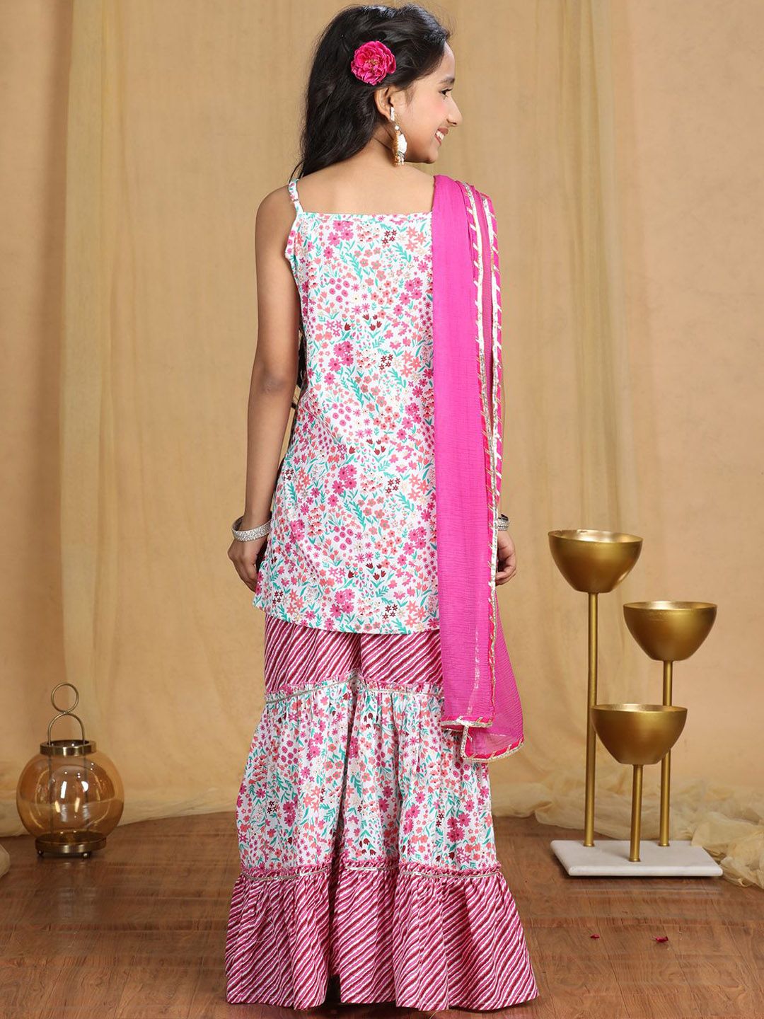 Cutiekins Girls Floral Printed Regular Gotta Patti Kurta with Sharara & With Dupatta