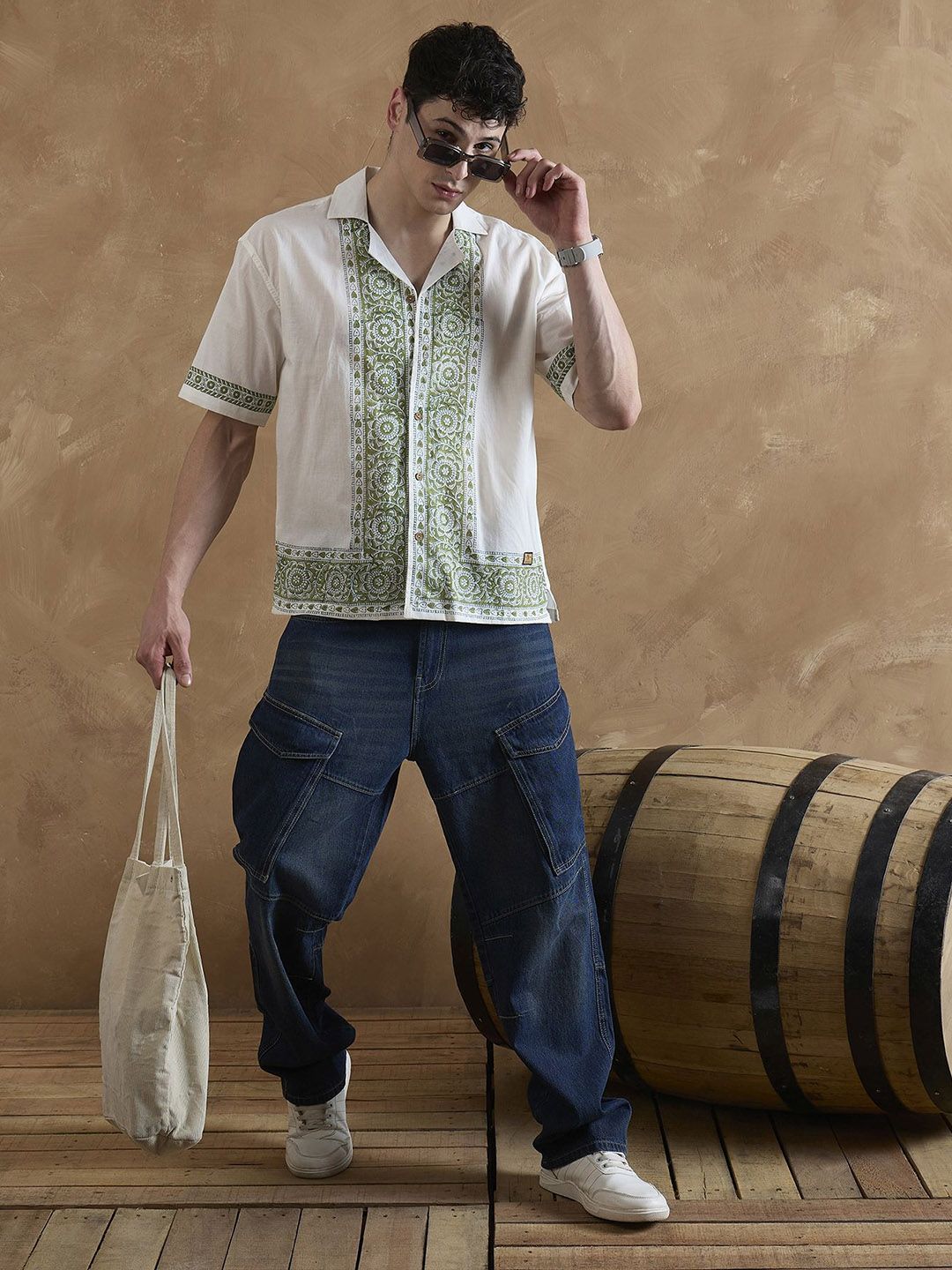 DENNISON Men White and Olive Placement Printed Shirt