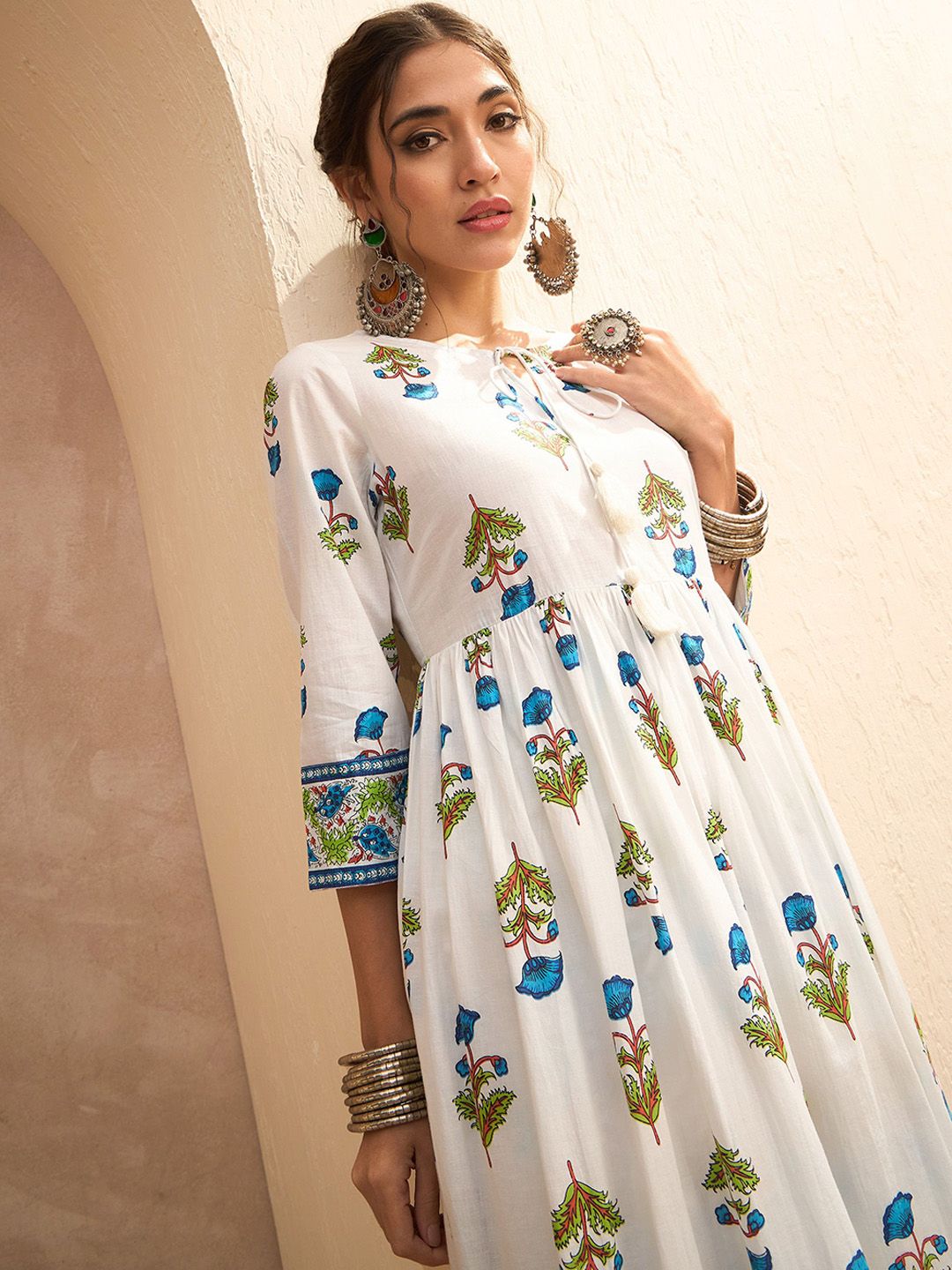 Shae by SASSAFRAS Floral Block Printed Keyhole Neck Anarkali Pure Cotton Kurta