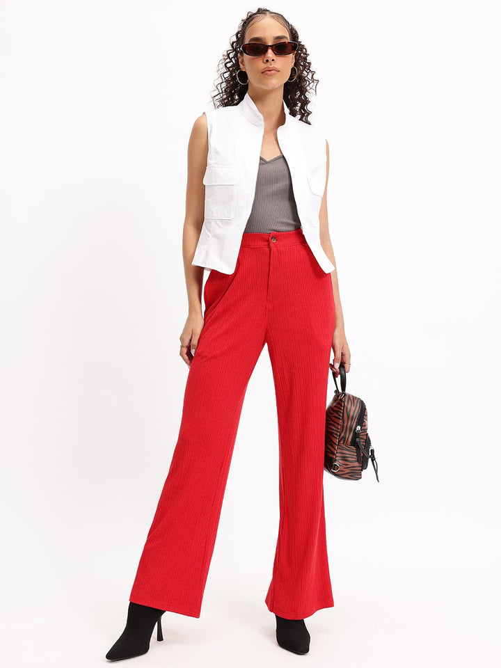 DressBerry Women Cherry Bomb Textured Treat Ribbed Flare Leg Trousers
