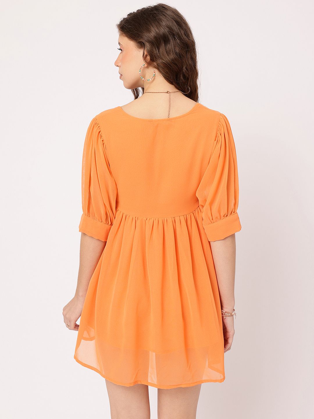 DressBerry Chic & Cheery Tie-Up Neck Puff Sleeves A-Line Mini Dress
