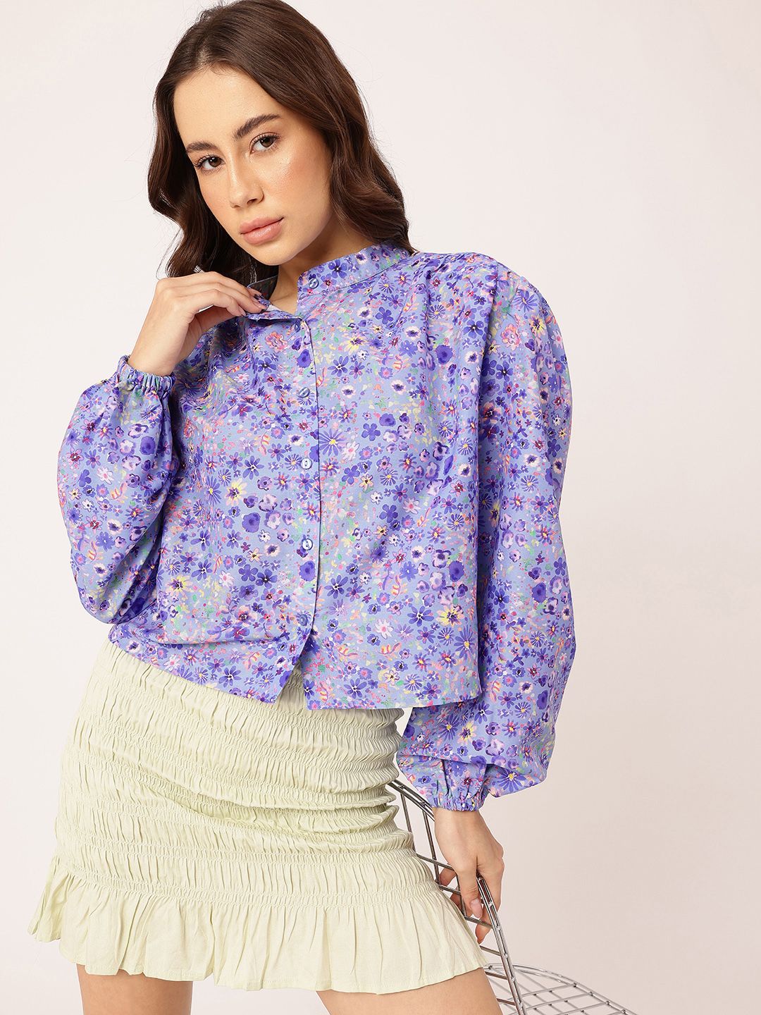 DressBerry Refined Bloom Printed Gathers Boxy Casual Shirt