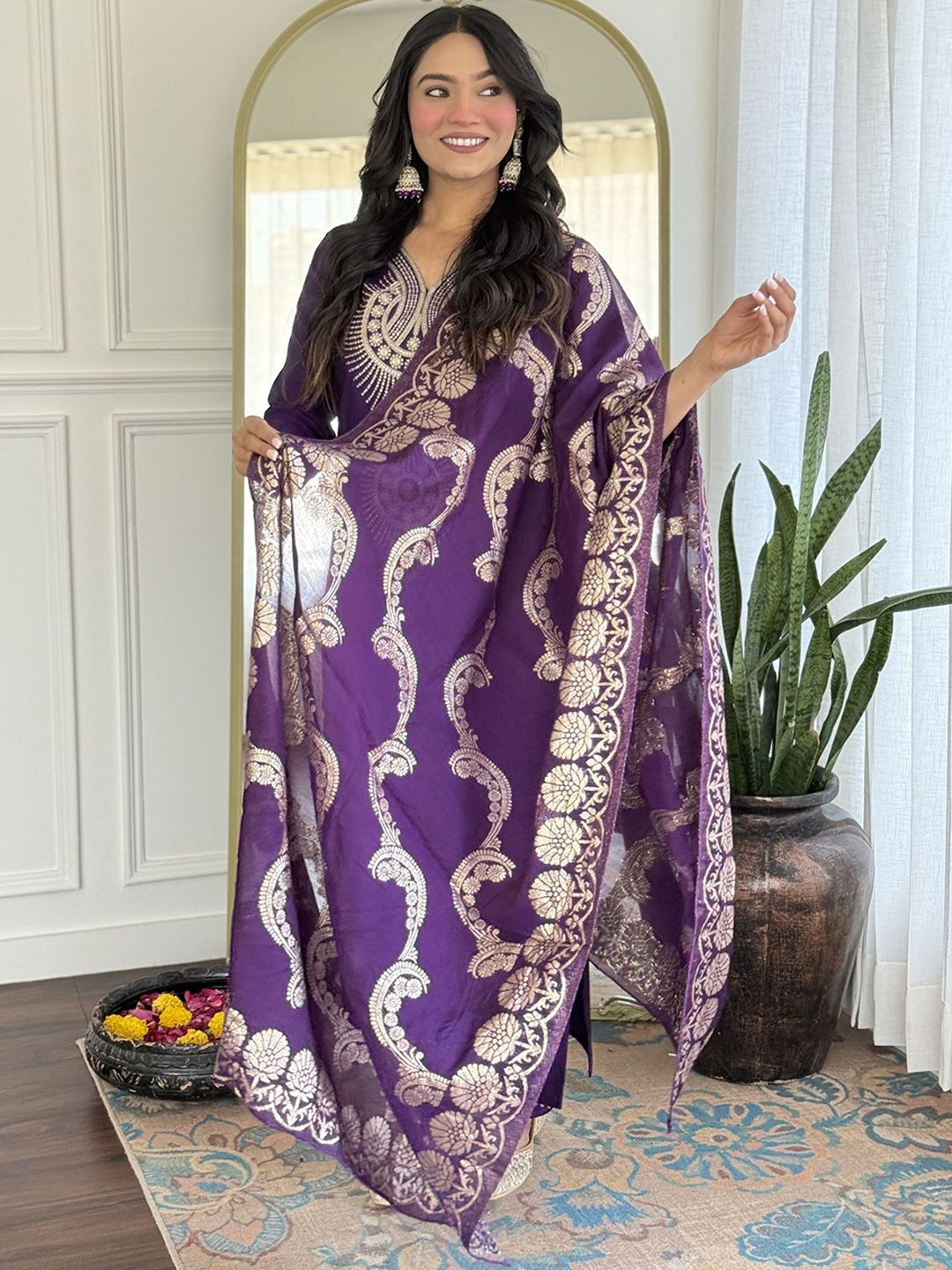 KALINI Women Ethnic Motifs Embroidered Regular Thread Work Pure Silk Kurta Set & Dupatta