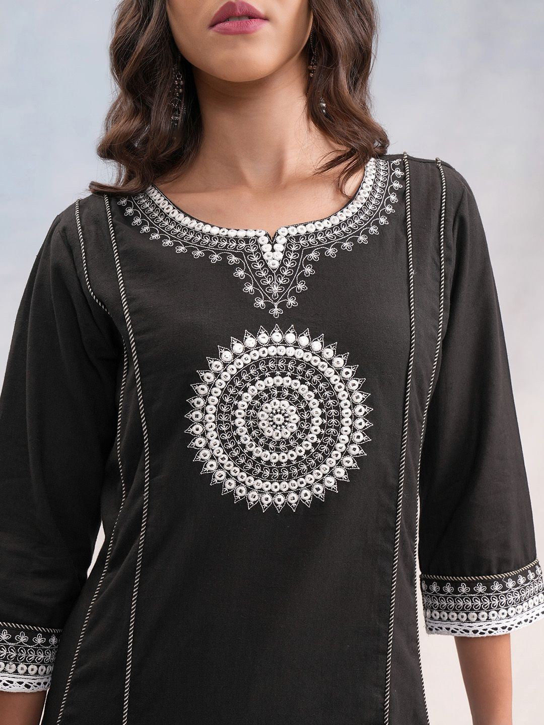 Vishudh Black & Silver Toned Ethnic Motifs Embroidered Cotton A Line Kurta with Palazzos