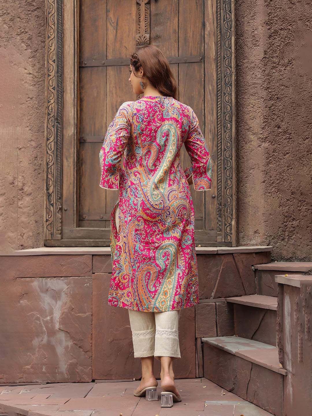 Rain & Rainbow Women Ethnic Motifs Printed Flared Sleeves Mirror Work Kurta