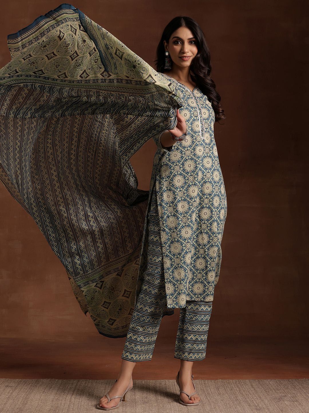 Libas Blue & Beige Ethnic Printed Sweetheart Neck Cotton Kurta with Trousers & Dupatta