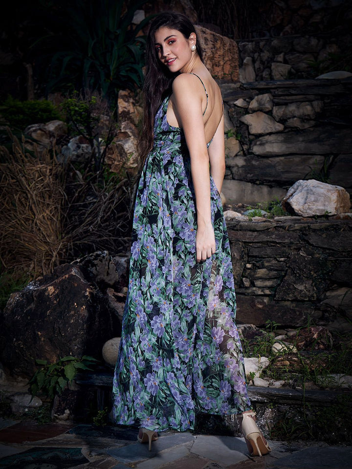 Berrylush Tropical Print Georgette Fit & Flare Maxi Dress